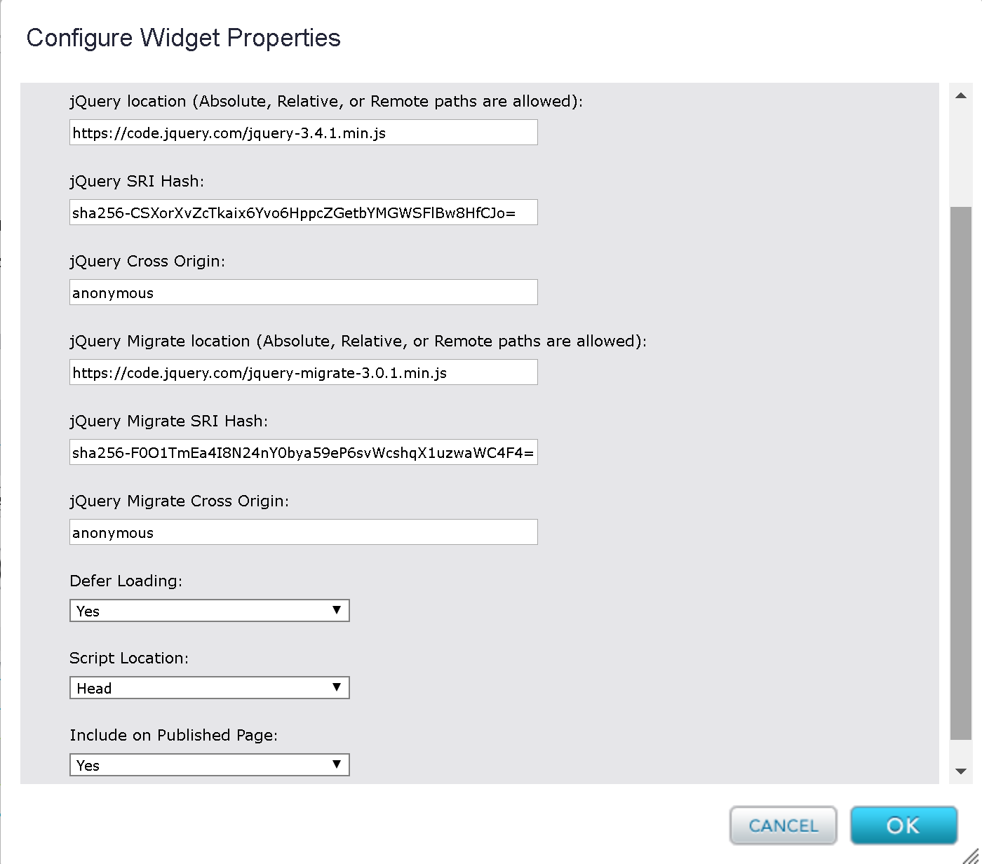 Screen shot of jQuery Widget Layout Properties